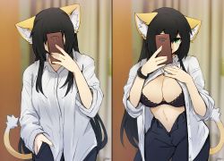 Rule 34 | 1girl, absurdres, animal ear fluff, animal ears, black bra, black hair, black panties, blouse, blurry, blurry background, bra, breasts, cat ears, cat girl, cat tail, cellphone, closed mouth, commentary, contrapposto, cowboy shot, curtains, dress shirt, dressing room, green eyes, hair between eyes, hand in pocket, highres, holding, holding phone, indoors, large breasts, long bangs, long hair, looking at viewer, open clothes, open shirt, original, panties, phone, selfie, shirt, sollyz, sollyz (sollyz), solo, tail, underwear, white shirt, ||/