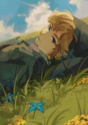 Rule 34 | 1boy, blonde hair, blue eyes, blue flower, cloud, commentary, flower, grass, green hat, green shirt, hat, highres, link, looking at viewer, lying, male focus, nintendo, on back, on grass, outdoors, pisu 1107, portrait, shirt, short hair, sky, solo, symbol-only commentary, the legend of zelda