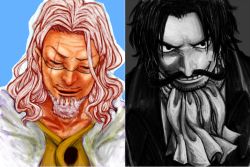 Rule 34 | 2boys, age difference, facial hair, glasses, gol d. roger, grey hair, male focus, monochrome, multiple boys, mustache, one piece, pixiv sample, scar, silvers rayleigh