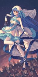 Rule 34 | 1girl, absurdres, alternate costume, arm ribbon, blue bow, blue footwear, blue hair, bow, commentary request, dated, dress, elbow gloves, expressionless, frilled dress, frills, full body, gloves, haniyasushin keiki, high heels, highres, holding, long hair, looking at viewer, mechrailgun, outdoors, pantyhose, red eyes, ribbon, signature, sky, sleeveless, sleeveless dress, solo, star (sky), starry sky, tools, touhou, very long hair, white dress, white gloves, white pantyhose, white veil