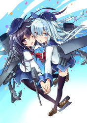 Rule 34 | 10s, 2girls, :o, ;d, akatsuki (kancolle), anchor, black eyes, black hair, black legwear, blue eyes, cannon, cheek-to-cheek, flat cap, hat, heads together, hibiki (kancolle), highres, holding hands, kantai collection, loafers, long hair, multiple girls, ninomoto, one eye closed, open mouth, own hands together, pantyhose, personification, school uniform, serafuku, shoes, silver hair, skirt, smile, thighhighs, turret, wink