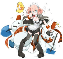 Rule 34 | 1girl, antique phone, blue eyes, boots, bracelet, breasts, capelet, cleavage, full body, glasses, gloves, hat, highres, jewelry, maid, maid headdress, original, phone, pigeon-toed, pink hair, rotary phone, shovel, snowman, solo, speech bubble, takagi (tansuke), tansuke, thighhighs, white background, worktool
