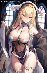Rule 34 | 1girl, :p, azur lane, bare shoulders, black gloves, blonde hair, blush, breasts, covered navel, gloves, habit, hair between eyes, hand on own hip, horns, implacable (azur lane), large breasts, long hair, looking at viewer, nun, pelvic curtain, red eyes, revealing clothes, sebu illust, solo, thighhighs, thighs, tongue, tongue out, veil, very long hair, white thighhighs