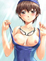 Rule 34 | 1girl, blush, breasts, brown eyes, brown hair, clothes pull, competition swimsuit, frown, goggles, goggles around neck, jiyuuyuu, nipples, one-piece swimsuit, one-piece swimsuit pull, original, short hair, solo, swim cap, swimsuit, undressing, wet