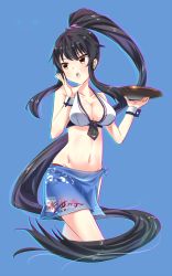 Rule 34 | 10s, 1girl, :o, bare shoulders, bikini, bikini top only, black hair, blue background, blue skirt, breasts, brown eyes, cleavage, collarbone, cropped legs, holding, kantai collection, long hair, lzd, navel, open mouth, ponytail, sarong, scrunchie, simple background, skirt, solo, swimsuit, tray, very long hair, waitress, white bikini, wrist cuffs, yahagi (kancolle)