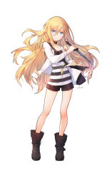 Rule 34 | 10s, 1girl, artist name, bag, black choker, black footwear, black shorts, blonde hair, blue eyes, boots, choker, closed mouth, collarbone, commentary request, full body, hair between eyes, highres, holding, holding knife, jacket, knife, long hair, open clothes, open jacket, rachel gardner, satsuriku no tenshi, shirt, short shorts, shorts, shoulder bag, simple background, solo, standing, striped clothes, striped shirt, swd3e2, very long hair, white background, white jacket