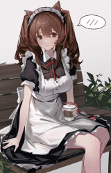 Rule 34 | 1girl, alternate costume, angelina (arknights), animal ears, apron, arknights, bench, black dress, breasts, brown hair, chichi guai, closed mouth, cup, disposable cup, dress, enmaided, feet out of frame, fox ears, frilled dress, frills, highres, holding, holding cup, large breasts, long hair, looking at viewer, maid, maid headdress, neck ribbon, red eyes, red ribbon, ribbon, short sleeves, simple background, sitting, solo, speech bubble, spoken blush, twintails, white apron, white background