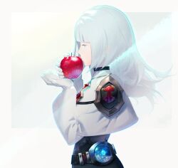 Rule 34 | 1girl, apple, arc the lad, blue hair, cofffee, food, fruit, gloves, holding, holding food, holding fruit, long hair, protected link, simple background, solo, white background, white gloves