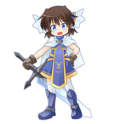 Rule 34 | 1girl, :d, armor, armored boots, blue eyes, boots, brown hair, cape, full body, gloves, hand on own hip, huge weapon, kso, looking at viewer, open mouth, original, short hair, simple background, smile, solo, sword, thighhighs, weapon, white background, white thighhighs