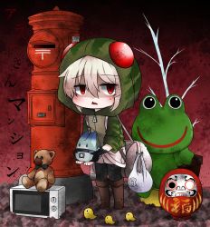 Rule 34 | 1girl, 1other, arai-san mansion, backpack, bag, bird, black hands, boots, chibi, commentary request, daruma doll, frog, glowing, grey hair, hair between eyes, highres, holding, hood, hooded jacket, hoodie, jacket, kemono friends, looking at viewer, lucky beast (kemono friends), microwave, plant, potted plant, red eyes, scavenger-chan (abubu), statue, striped clothes, striped hoodie, stuffed animal, stuffed toy, teddy bear, touyakakasi, toy, translation request