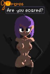 Rule 34 | absurdres, breasts, breasts out, dominatrix, duolingo, gortros, goth fashion, gothic, halloween, hand on own hip, highres, lily (duolingo), looking at viewer, medium breasts, nude, pink hair, pixel art, pixelated, pointing, pointing up, pov, purple hair, smile, smug, solo, thighhighs, threatening, toned
