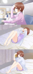 Rule 34 | 1girl, 3koma, barefoot, bed, blazer, breasts, brown eyes, brown hair, collared shirt, comic, commentary request, computer, desk, folder, jacket, medium breasts, meiko (vocaloid), nightgown, on bed, pink jacket, purple nightgown, shirt, silent comic, sitting, tomo-graphy, vocaloid, white shirt
