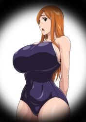 Rule 34 | 1girl, ass, bleach, breasts, female focus, highres, huge breasts, inoue orihime, iwao178, long hair, open mouth, orange hair, solo, standing, swimsuit, thighs