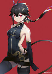 Rule 34 | 1girl, absurdres, ahoge, backless dress, backless outfit, black dress, black gloves, black hair, black thighhighs, braid, braided ponytail, breasts, changyu (punishing: gray raven), china dress, chinese clothes, closed mouth, crossed bangs, dress, elbow gloves, genderswap, genderswap (mtf), gloves, hair between eyes, hair ornament, hairclip, highres, horns, kgs (2806489002), long hair, looking at viewer, multicolored hair, punishing: gray raven, red background, red eyes, red hair, short dress, single horn, single sidelock, small breasts, solo, streaked hair, thighhighs