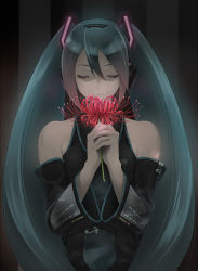 Rule 34 | 1girl, aqua hair, detached sleeves, female focus, flower, gradient background, hatsune miku, highres, long hair, necktie, own hands clasped, own hands together, ryouku, saihate (vocaloid), smile, solo, spider lily, twintails, very long hair, vocaloid