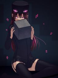 Rule 34 | 1girl, ander (at2.), at2., black thighhighs, block (object), brown hair, enderman, garter straps, glowing, glowing eyes, hat, highres, jacket, long hair, looking at viewer, minecraft, personification, purple eyes, simple background, skirt, solo, thighhighs, zettai ryouiki