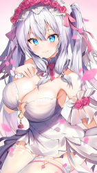 Rule 34 | 1girl, absurdres, blue eyes, breasts, cleavage, closed mouth, dress, flower, gradient background, grey hair, hairband, heart, highres, houchi shoujo, large breasts, lolita hairband, looking at viewer, medium hair, nenobi (nenorium), off-shoulder dress, off shoulder, pink background, pink flower, pink rose, rose, sidelocks, solo, thighhighs, two side up, white dress, white thighhighs