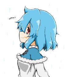 Rule 34 | 1girl, blue capelet, blue hair, capelet, closed mouth, cross-laced clothes, from side, fur trim, liner41, looking at viewer, red eyes, short hair, smile, solo, tatara kogasa, touhou, upper body