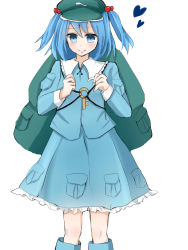 Rule 34 | 1girl, backpack, bad id, bad pixiv id, bag, blue eyes, blue hair, boots, dress, hair bobbles, hair ornament, hat, heart, highres, kawashiro nitori, key, long sleeves, matching hair/eyes, pocket, rubber boots, short hair, short twintails, simple background, skirt, skirt set, solo, touhou, twintails, two side up, white background, yu (niyu)