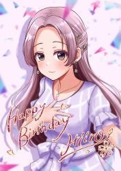 Rule 34 | 1girl, absurdres, breasts, confetti, d4dj, dress, earrings, grey background, hair behind ear, hand on own chest, happy birthday, heart, highres, jewelry, medium breasts, necklace, parted bangs, pink hair, purple dress, smile, solo, yano hiiro, yuzu ponzu (vgah7445)