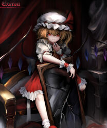 Rule 34 | absurdres, ascot, back bow, blonde hair, bow, broken mirror, collared shirt, crystal, fang, flandre scarlet, frilled shirt collar, frilled skirt, frilled sleeves, frills, hat, hat ribbon, highres, indoors, medium hair, mirror, mob cap, one side up, puffy short sleeves, puffy sleeves, red eyes, red footwear, red ribbon, red skirt, red vest, ribbon, shirt, short sleeves, skirt, skirt set, smile, top-exerou, touhou, vest, white bow, white hat, white shirt, wrist cuffs, yellow ascot