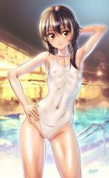Rule 34 | 1girl, absurdres, armpits, brown hair, cleft of venus, competition swimsuit, covered navel, facing viewer, flat chest, highres, indoors, kono subarashii sekai ni shukufuku wo!, looking at viewer, megumin, night, nipples, one-piece swimsuit, pool, pool ladder, poolside, pussy, rahime, red eyes, revealing clothes, see-through, skinny, solo, swimsuit, thighs, transparent, wet, wet clothes, wet swimsuit, white one-piece swimsuit