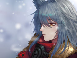 Rule 34 | 1girl, absurdres, animal ears, arknights, breath, coat, cold, commentary, expressionless, eyelashes, from side, fur-trimmed coat, fur trim, gas mask, hair between eyes, highres, hood, hooded coat, lan yu, lips, long hair, mask, mask around neck, orange eyes, parted lips, portrait, projekt red (arknights), red coat, silver hair, snow, solo, wolf ears