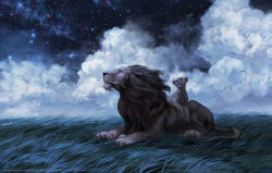 Rule 34 | 2boys, brown hair, cloud, father and child, father and son, fatherly, grass, lion, lion cub, lion tail, lying, lying on animal, lying on another, meadow, mufasa, multiple boys, night, night sky, on back, on grass, simba, sky, star (sky), starry sky, tail, the lion king, victor garcia