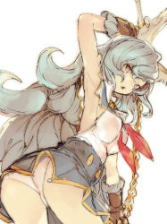 Rule 34 | 10s, 1girl, :o, animal ears, arm up, armpits, ass, bad id, bad pixiv id, black skirt, blue hair, braid, brown eyes, brown gloves, earrings, erune, ferry (granblue fantasy), fox ears, from behind, from below, gloves, gorirago, granblue fantasy, jewelry, long hair, looking at viewer, looking back, looking down, open mouth, panties, revision, simple background, single braid, skirt, solo, underwear, upskirt, very long hair, white background, white panties, yellow eyes