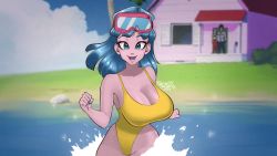 Rule 34 | 1girl, alternate breast size, artist name, artist request, bare legs, bare shoulders, blue eyes, blue hair, blue sky, bouncing breasts, breasts, breasts out, bulma, cleavage, curvy, derivative work, dragon ball, dragonball z, happy, highleg, highleg swimsuit, highres, house, kame house, large breasts, lips, long hair, looking at viewer, maron (dragon ball), matching hair/eyes, nipples, one-piece swimsuit, open mouth, running, screenshot redraw, shiny clothes, shiny skin, sky, smile, swimsuit, thighs, water, wide hips, yamcha, yellow one-piece swimsuit