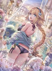 Rule 34 | 1girl, bikini, black bikini, blonde hair, blue eyes, blue hoodie, blue jacket, braid, breasts, building, cloud, cloudy sky, commentary, curtains, dolphin, dutch angle, fate/grand order, fate (series), flower, guitar, hair between eyes, hair ornament, hairband, highres, hood, hooded jacket, hoodie, instrument, jacket, jeanne d&#039;arc (fate), jeanne d&#039;arc (ruler) (fate), jeanne d&#039;arc (swimsuit archer) (fate), jeanne d&#039;arc (swimsuit archer) (first ascension) (fate), lamp, large breasts, long hair, long sleeves, looking at viewer, single braid, sky, smile, solo, standing, swimsuit, torino aqua, very long hair