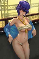 Rule 34 | 1girl, androgynous, blue hair, blue jacket, breasts, cabbie hat, covered erect nipples, cowboy shot, grey eyes, hat, highres, jacket, large breasts, leaning back, off shoulder, oppaiserothicc, panties, persona, persona 4, pursed lips, railing, sarashi, shirogane naoto, short hair, solo, steel beam, underwear, wall, white panties, yellow background, yellow neckwear