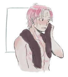 Rule 34 | 1boy, abs, after bathing, cropped torso, koby (one piece), male focus, mocchi (mkz), nude, one piece, pectorals, pink hair, sanpaku, scar, scar on face, short hair, solo, toned, toned male, towel, towel around neck, wiping face