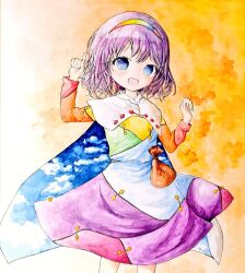 Rule 34 | 1girl, blue eyes, cape, cloak, dress, hair between eyes, hairband, long sleeves, looking at viewer, multicolored clothes, multicolored dress, multicolored hairband, open mouth, orange background, patchwork clothes, purple hair, rainbow gradient, short hair, sky print, smile, solo, tenkyuu chimata, touhou, unconnected marketeers, white cape, white cloak, yoko jzz30