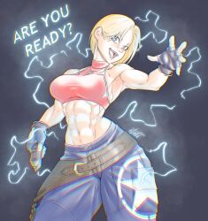 Rule 34 | 1girl, abs, armpits, bare shoulders, blonde hair, blue mary, breasts, electricity, english text, fatal fury, fingerless gloves, gage 199x, gloves, highres, large breasts, pants, short hair, sleeveless, star (symbol), the king of fighters