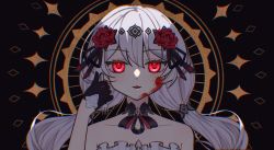 Rule 34 | 1girl, :d, black dress, black gloves, blood, blood on face, dress, flower, gloves, hair flower, hair ornament, highres, honkai (series), honkai impact 3rd, long hair, looking at viewer, open mouth, qian xii, red eyes, red flower, red rose, rose, sleeveless, sleeveless dress, smile, theresa apocalypse, theresa apocalypse (luna kindred), twintails, white hair