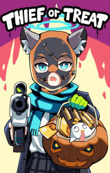 Rule 34 | 1girl, aiming, aiming at viewer, animal ear fluff, animal ears, assault rifle, blue archive, blue eyes, blue scarf, bullet, cartridge, credit card, english text, extra ears, gun, halloween, halloween bucket, halloween costume, halo, highres, hm (hmongt), jack-o&#039;-lantern, mask, mismatched pupils, peroro (blue archive), rifle, scarf, school uniform, scope, shiroko (blue archive), sig sauer 556, solo, striped clothes, striped scarf, stuffed animal, stuffed bird, stuffed toy, trick or treat, weapon, wolf ears