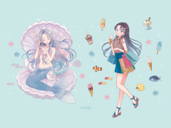 Rule 34 | 2girls, akashi (kancolle), artist name, bag, black hair, blue background, blue bag, blue eyes, blue hair, blue nails, blue skirt, blue tail, brown shirt, closed eyes, clownfish, commentary, cup, disposable cup, drinking straw, earrings, facing viewer, fish, food, fruit, full body, gem, hair ornament, hairclip, handbag, hands up, highres, holding, holding food, holding ice cream, holding shell, ice cream, ice cream cone, jewelry, kiwi (fruit), kiwi slice, light blue hair, long hair, looking at viewer, mermaid, mokaffe, monster girl, multiple girls, nail polish, necklace, original, pearl (gemstone), pendant, pink lips, platform footwear, popsicle, sandals, shell, shell bikini, shell earrings, shell hair ornament, shirt, skirt, sleeveless, sleeveless shirt, starfish, starfish hair ornament, strawberry, strawberry slice, symbol-only commentary