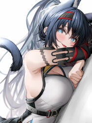 1girl absurdres animal_ears arknights armpit_crease armpits bare_shoulders black_hair black_shorts blaze_(arknights) blaze_the_igniting_spark_(arknights) blue_eyes blush breasts cat_ears cat_girl cleavage commentary_request elbow_gloves extra_ears fang gloves hairband highres infection_monitor_(arknights) large_breasts long_hair looking_at_viewer lying official_alternate_costume official_alternate_hairstyle on_stomach open_mouth ponytail revision shirt shorts simple_background single_elbow_glove skin_fang smile solo tab_head white_background white_shirt