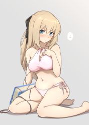 Rule 34 | 1girl, bikini, blonde hair, blue eyes, book, breasts, chain, cleavage, cleavage cutout, closed mouth, clothing cutout, cyrille (shining force exa), embarrassed, frown, grey background, hair between eyes, half updo, halterneck, head tilt, kiikii (kitsukedokoro), long hair, looking at viewer, pink bikini, sega, shining (series), shining force exa, side-tie bikini bottom, simple background, solo, spoken blush, swimsuit, wide hips