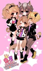 Rule 34 | 4girls, :d, animal ears, bad id, bad pixiv id, big hair, black footwear, black shorts, blonde hair, blush, boots, breasts, bright pupils, brown hair, brown legwear, citti (show by rock!!), cleavage, closed mouth, fennery (show by rock!!), hair ornament, hairclip, hands up, jacket, jewelry, laina (show by rock!!), mamaloni, multiple girls, necklace, one eye closed, open clothes, open jacket, open mouth, orange eyes, pantyhose, pink background, ponytail, purple eyes, red eyes, shorts, show by rock!!, simple background, smile, socks, tail, white legwear, yellow eyes, zebrina (show by rock!!)