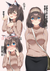 Rule 34 | 1girl, animal ears, bag, between breasts, black hair, blue eyes, blush, breasts, commentary request, embarrassed, highres, idolmaster, idolmaster cinderella girls, kemonomimi mode, large breasts, long hair, looking at viewer, paw pose, ribbed sweater, sagisawa fumika, simple background, solo, spicy moo, strap between breasts, sweater, translation request, turtleneck, turtleneck sweater