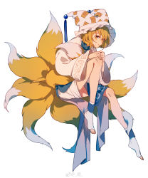 Rule 34 | 1girl, absurdres, animal hat, blonde hair, blue tabard, blush, chinese commentary, closed mouth, commentary request, dress, fox tail, full body, hands on own knee, hat, highres, leg up, light smile, lips, lizeyan, long sleeves, looking at viewer, mob cap, multiple tails, short hair, simple background, socks, solo, tabard, tail, tassel, toeless legwear, touhou, weibo logo, weibo watermark, white background, white dress, white hat, white socks, wide sleeves, yakumo ran, yellow eyes