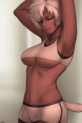 Rule 34 | 1girl, animal ears, armpits, arms up, bad id, bad twitter id, cat ears, cat tail, closed mouth, cowboy shot, dark-skinned female, dark skin, dolphin shorts, closed eyes, facial mark, final fantasy, final fantasy xiv, hands up, miqo&#039;te, shorts, signature, solo, tail, whisker markings, white hair, zakusi