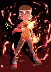 Rule 34 | 1boy, artist request, brown hat, child, commentary, digimon, digimon frontier, fire, goggles, goggles on head, goggles on headwear, hat, jacket, kanbara takuya, looking at viewer, red jacket, shirt, solo, symbol-only commentary, white legwear, yellow shirt