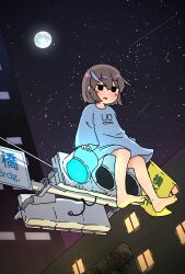 Rule 34 | 1girl, absurdres, barefoot, black eyes, blue shirt, blush, brown hair, building, city, commentary request, fish hair ornament, floating hair, from below, full moon, gradient sky, hair ornament, highres, jitome, kani aji, kani aji-chan, looking at viewer, moon, night, night sky, no pants, no pupils, no sclera, open mouth, original, outdoors, oversized clothes, oversized shirt, print shirt, road sign, shirt, shooting star, short hair, sign, sitting, sitting on object, sky, solo, star (sky), starry sky, traffic light