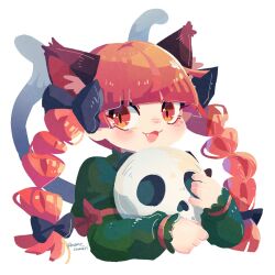 Rule 34 | 1girl, :3, :d, animal ears, black ribbon, blunt bangs, braid, cat ears, cat girl, cat tail, commentary request, cropped torso, fang, green skirt, highres, holding, holding skull, kaenbyou rin, long hair, long sleeves, looking at viewer, mame komari, multiple tails, open mouth, red eyes, red hair, ribbon, simple background, skirt, skull, slit pupils, smile, solo, tail, touhou, twin braids, twitter username, two tails, white background