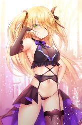 Rule 34 | 1girl, absurdres, armpits, bad id, bad pixiv id, bindong, black bra, black gloves, black panties, black thighhighs, blush, bow, bra, breasts, closed mouth, cowboy shot, elbow gloves, eyepatch, fischl (genshin impact), garter belt, garter straps, genshin impact, gloves, green eyes, hair ribbon, hand on own hip, hand up, highres, lingerie, medium breasts, navel, panties, purple bow, ribbon, see-through, showgirl skirt, single glove, single thighhigh, solo, stomach, thighhighs, two side up, underwear