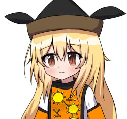 Rule 34 | 1girl, black hat, blonde hair, blush, brown eyes, brown hat, cape, chaleu, closed mouth, constellation, constellation print, detached sleeves, hair between eyes, hat, long hair, long sleeves, looking to the side, matara okina, orange cape, orange tabard, shirt, simple background, smile, solo, tabard, touhou, upper body, white background, white shirt