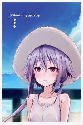 Rule 34 | 1girl, 2019, bare shoulders, beach, blue sky, blush, character name, closed mouth, cloud, collarbone, crossed bangs, dated, day, hachikuji, hair between eyes, hat, highres, long hair, ocean, outdoors, pink eyes, purple hair, shirt, sky, smile, solo, straw hat, tank top, twintails, upper body, vocaloid, voiceroid, water, white hat, white shirt, yuzuki yukari